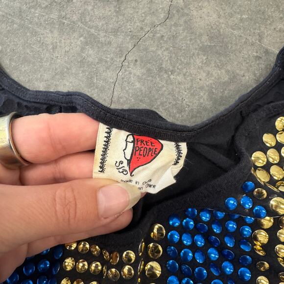 Vintage Y2K Free People Y2K Blue/Gold Studded Black Circular T-Shirt Top Small - Picture 3 of 5